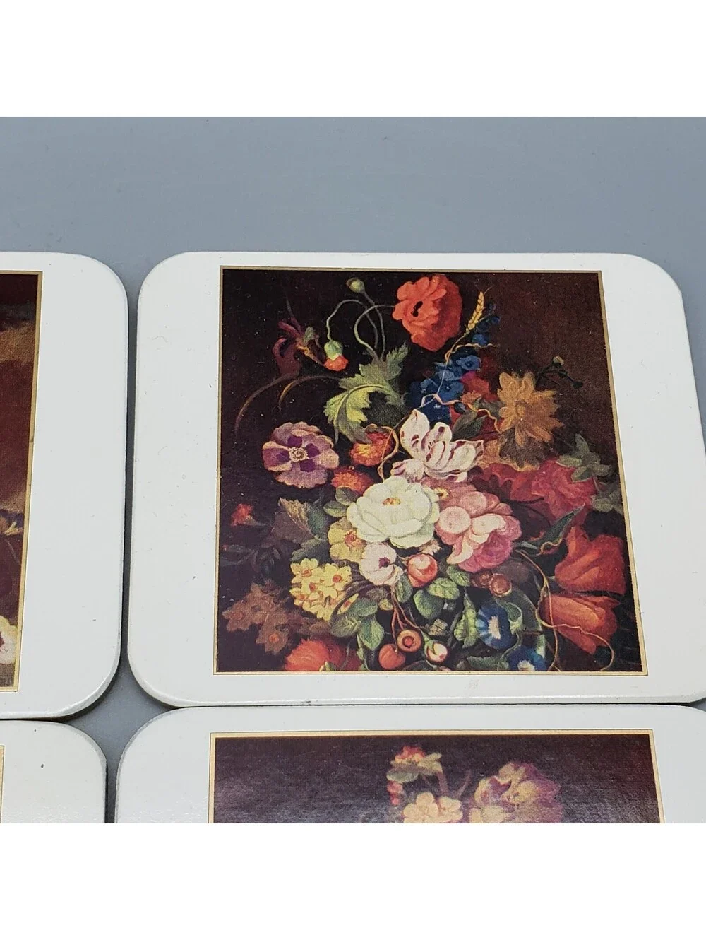Vintage Paper Backed Coasters Antique Floral Arrangements Set of 5